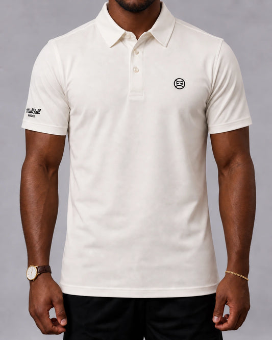 MADBALL Bone White polo, front view with tonal buttons and black chest and sleeve signatures.